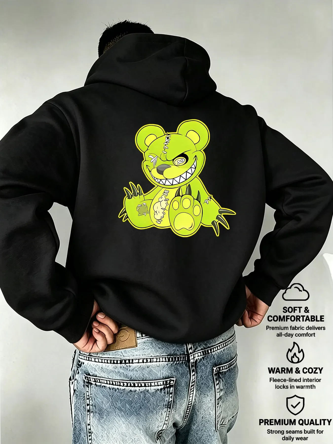 Creepy Stitched Monster Bear Chest & Back Double‑Sided Print Hoodie Pullover Unisex Loose Fleece Lined Autumn Winter