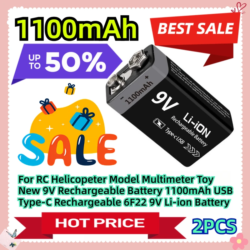 

2PCS For RC Helicopeter Model Multimeter Toy New 9V Rechargeable Battery 1100mAh USB Type-C Rechargeable 6F22 9V Li-ion Battery