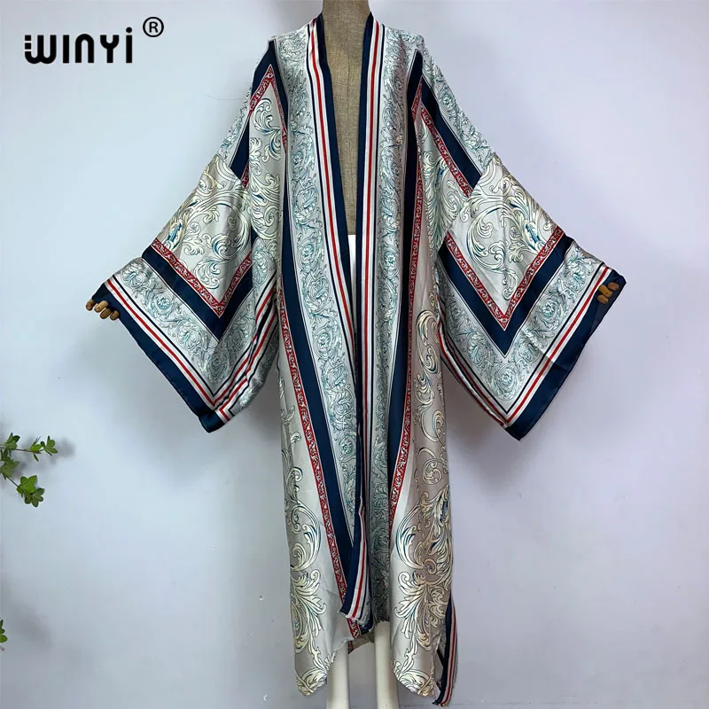 WINYI kimono Africa estate boho stampa Bikini Cover-up Elegante moda Cardigan sexy Vacanza manica lunga sensazione di seta maxi abito