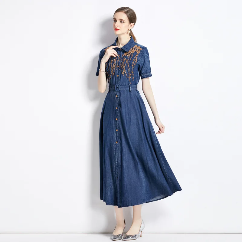 Été 2023 Denim brodé Dr minceur taille haute ort Sve longue Dr Ele Sle femmes Faion jupe décontractée