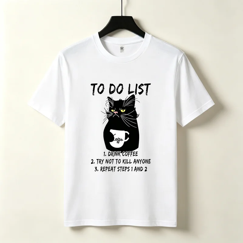Cat To Do List T-Shirt Black Cat Coffee Graphic Tee Funny Sarcastic Cat Lover Casual Cotton Short Sleeve Streetwear Unisex