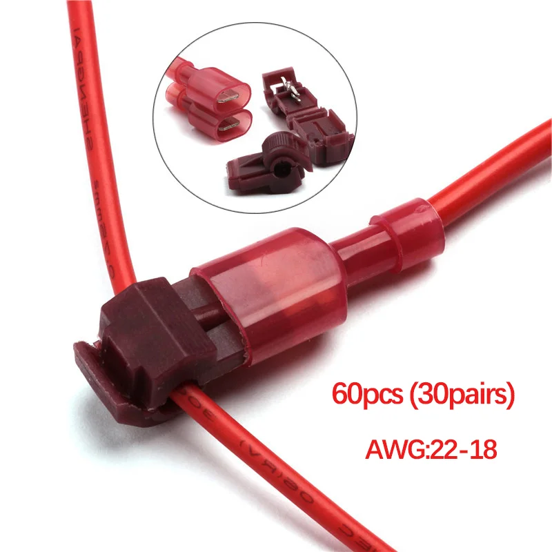 الأحمر T-الصنبور موصل سريع كابلات الموصلات الكهربائية المفاجئة لصق قفل سلك محطة مقاوم للماء تجعيد سلك محطة 22-18AWG