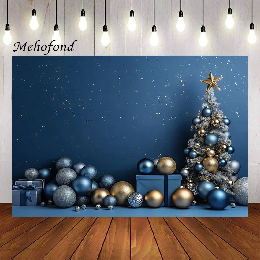 Mehofond Photography Background Retro Blue Wall Christmas Glitter Xmas Tree Gift Kid Family Portrait Decor Photo Backdrop Studio