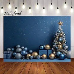 Mehofond Photography Background Retro Blue Wall Christmas Glitter Xmas Tree Gift Kid Family Portrait Decor Photo Backdrop Studio