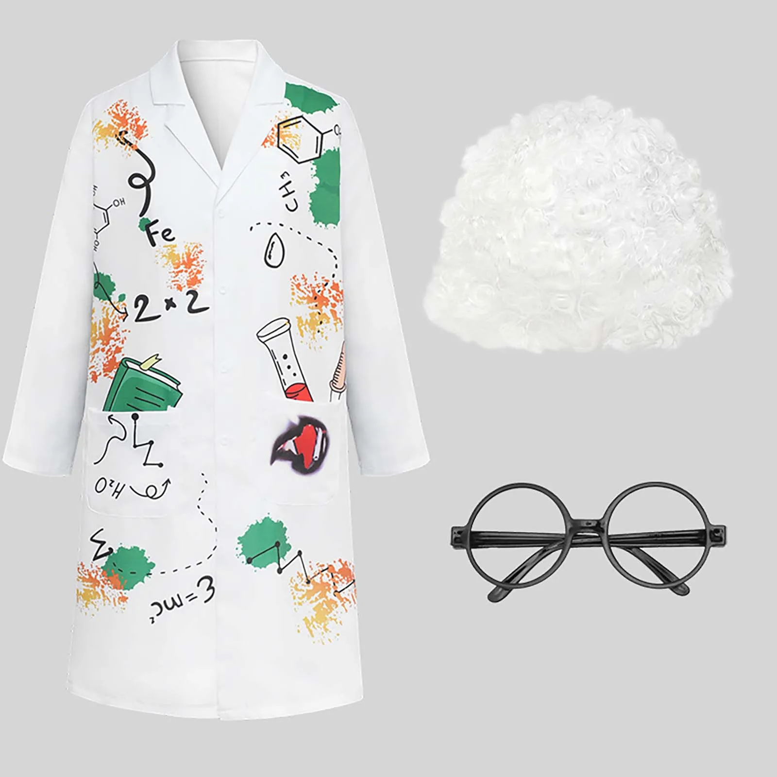 Kids Adult Halloween Mad Scientist Cosplay Costume Lab Coat with Wig Glasses Frame for Theme Party Carnival Dress Up Performance