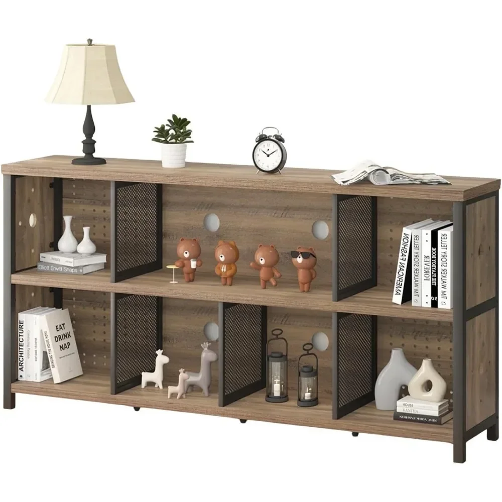 Industrial Horizontal Bookshelf, 4 5 6 7 8 Cube Storage Organizer Bookcase, Modern Wide Large Book Shelf for Bedroom Living Room