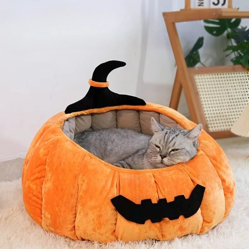 Cat Bed Cozy Halloween Pumpkin Pet Bed Warm Fun Cartoon Devil Design Soft Plush Pet Nest for Cats & Small Dogs Winter Fall