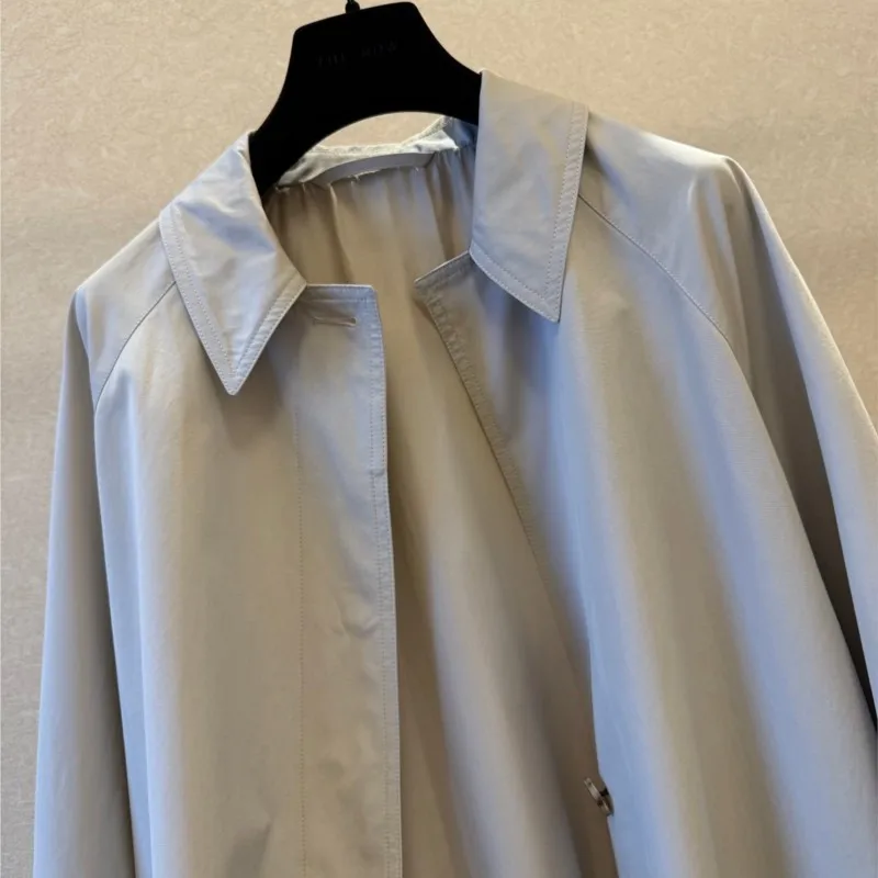 Women Classic Beige Trench Coat Cotton Blend Poplin Anti-Wrinkle Windbreaker Long Belted Lapel Loose Casual Draping Outerwear