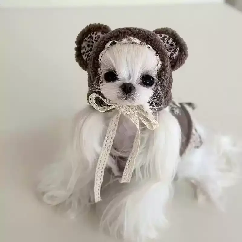 Floral Hat, Teddy Bear, Pure Cotton Lace Pet Headband, Winter Warmth, Autumn and Winter Dog and Cat Decoration Hat