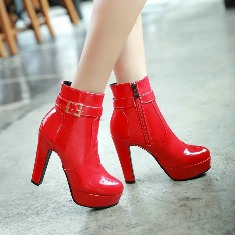 

Patent PU Leather Bright Red Black Buckle Belt Ankle Bootie Shoes Thick Block High Heels Warm Sexy Winter Platform Short Boots