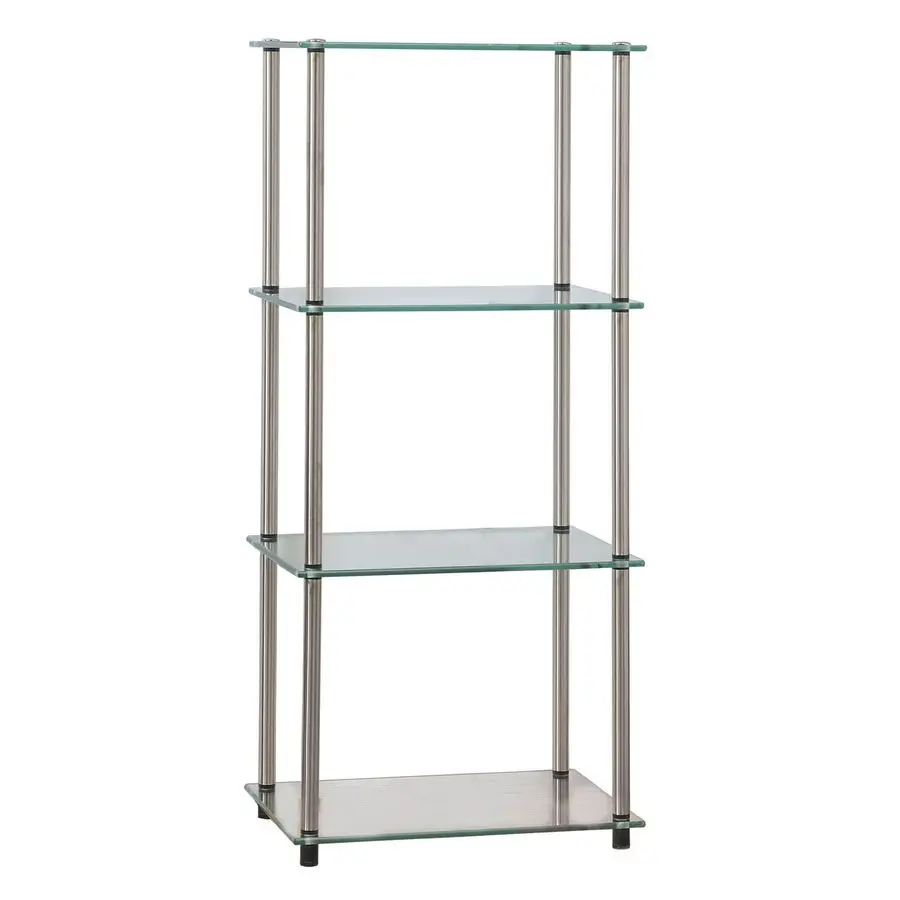 

Concepts Designs2Go Classic Glass 4Tier Tower 17.75 Modern Media Stainless Steel Bookshelf for Living Room, Display Storage She