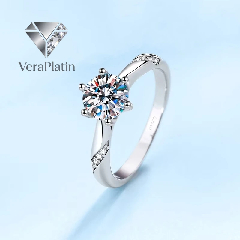 

VeraPlatin Girl PT950 Platinum Rings for Women Birthday Gift VVS1 D Color 0.5/1/2 Carat Round Moissanite Diamond Wedding Band Fi
