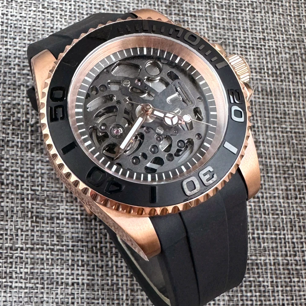 S NH72 20bar Waterproof Skeleton Hollow SEIK Rose Gold Mechanical Watch Men Curved Silicone Band Sapphire Crystal 120click