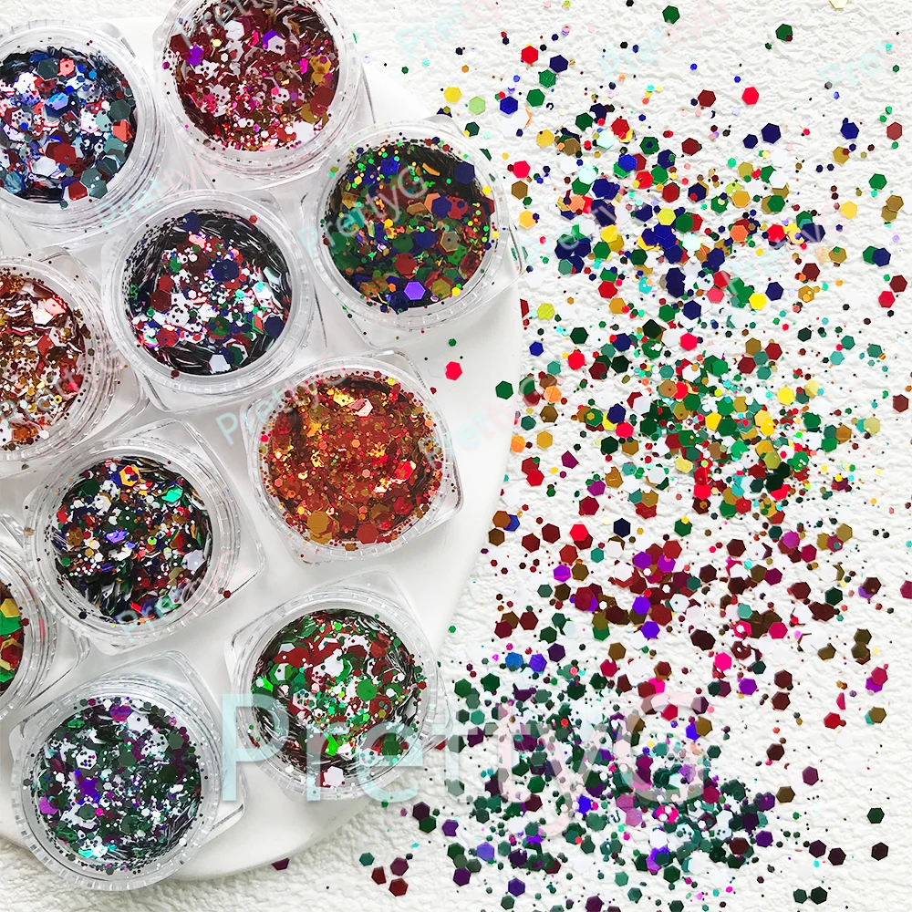 PrettyG 1 Set 12Color Box Christmas Chunky Mixes Glitter Hexagon Holographic Sequin Glitter For Resin DIY Nail Art Decoration