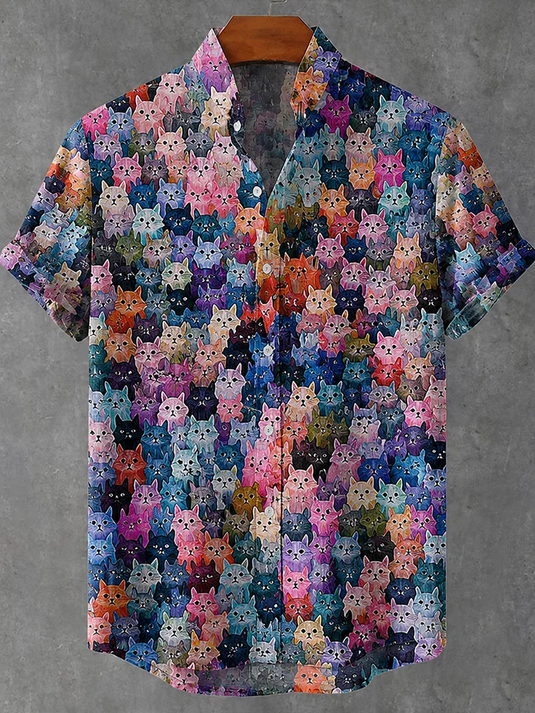 Men's Colorful Layered Cat Art Stand Collar Short Sleeve Shirt Fashion Bohemian Summer 2026 Chic Harajuku Tops Tunics