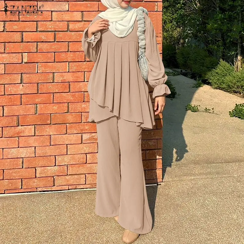 Muslimische Damenmode: Modest Fashion Hosenanzüge – Weite Hosen & Langarm-Bluse mit Falten am Saum, 2-teilige Sets von ZANZEA, Islamische Hijab-Outfits