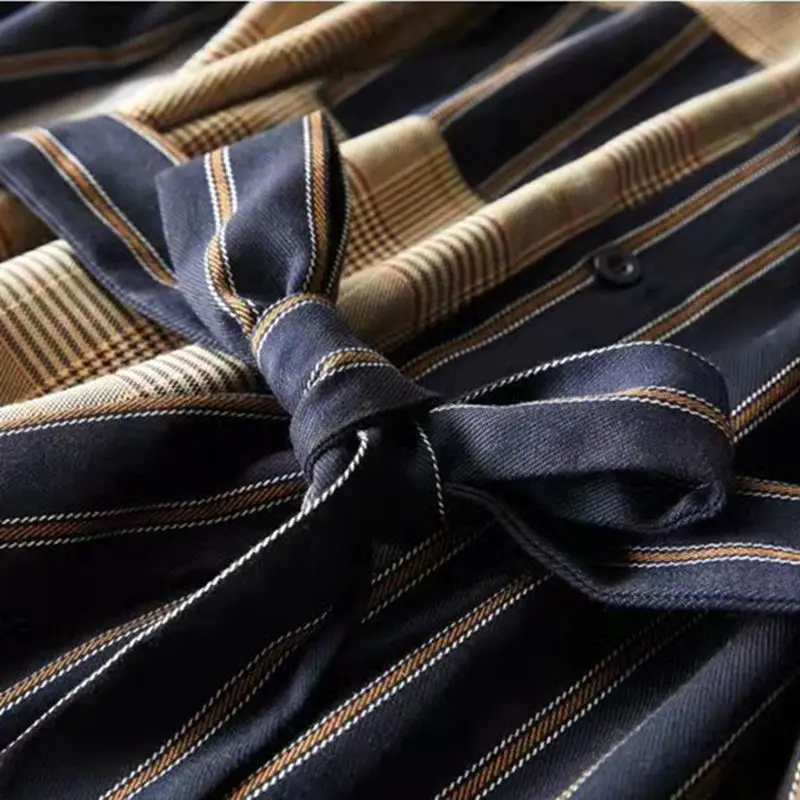 Office Lady Plaid Printed Patchwork Button Belt Dresses Spring Autumn 2023 New Long Sleeve Polo-Neck Midi Dress Women's Clothing