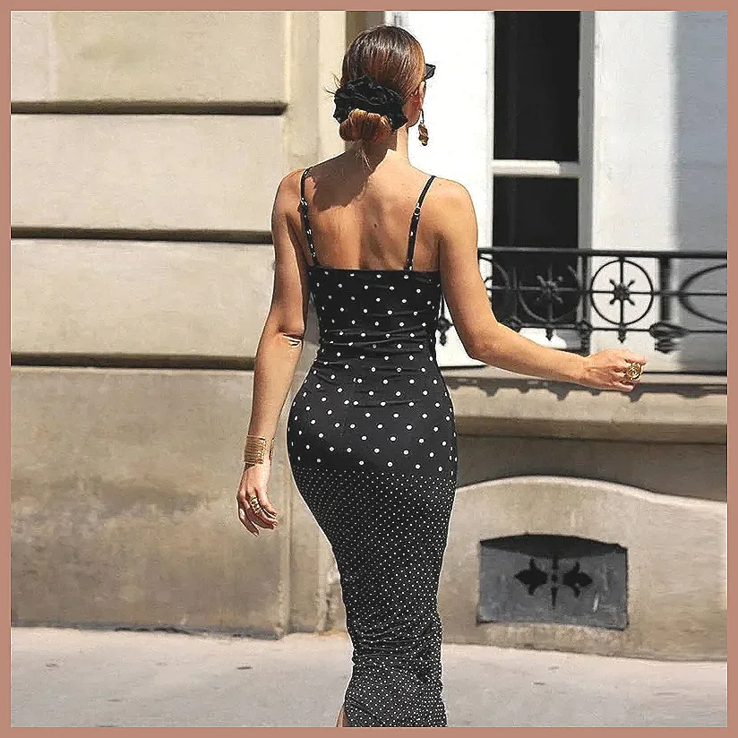 Gaun Maxi Polka Dot Retro untuk Wanita, Gaun Musim Panas Tanpa Lengan dengan Belahan, Gaun Pesta & Liburan Elegan Model Bodycon