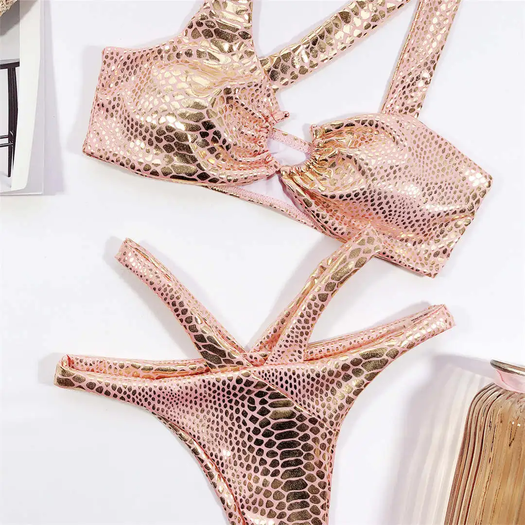 Sexy, asymmetrischer Bikini mit Schlangenmuster, Damen-Badeanzug, zweiteiliges Bikini-Set, Badebekleidung mit Trägern, Badeanzug, Modell V1923. – Detail 27