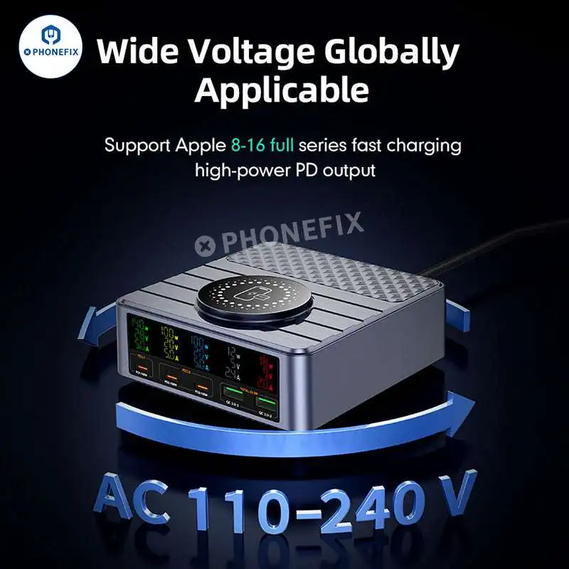 محطة شاحن متعددة المنافذ بقدرة 260 وات مع شاشة عرض رقمية للشحن اللاسلكي QC3.0 PD3.1 شحن سريع لهاتف iPhone Xiaomi ipad