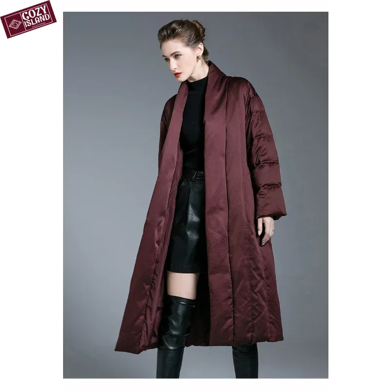

Luxury Winter Long Down Jacket Women Thick Loose Red Coats Slimming Over-the-Knee Warm Slant Collar Removable Belt Pocket Tops