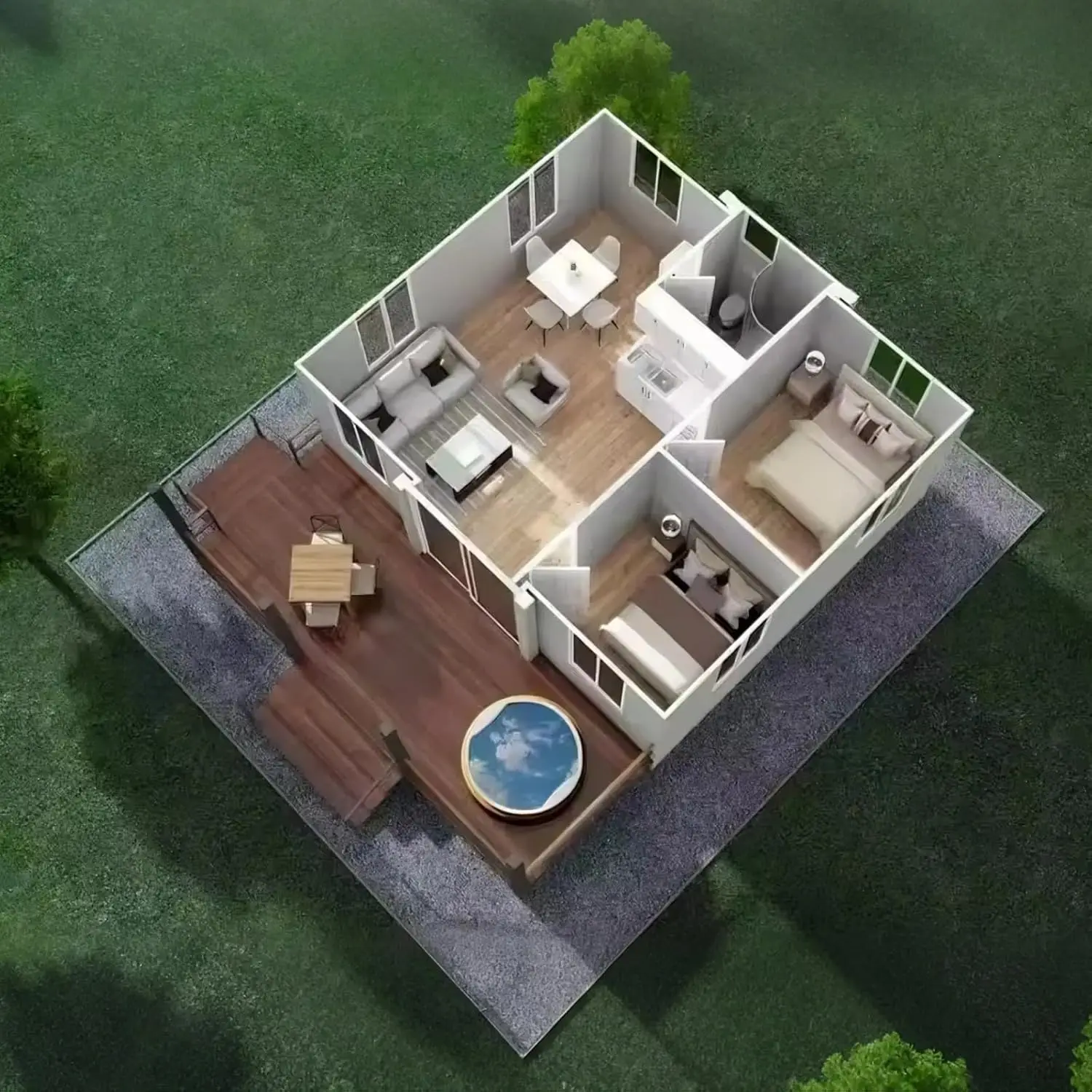 منزل صغير متنقل مقاس 19 × 20 قدمًا مع غرفتين نومين، وحمام ومطبخ كامل، ومنزل قابل للطي وحدات قابل للتوسيع