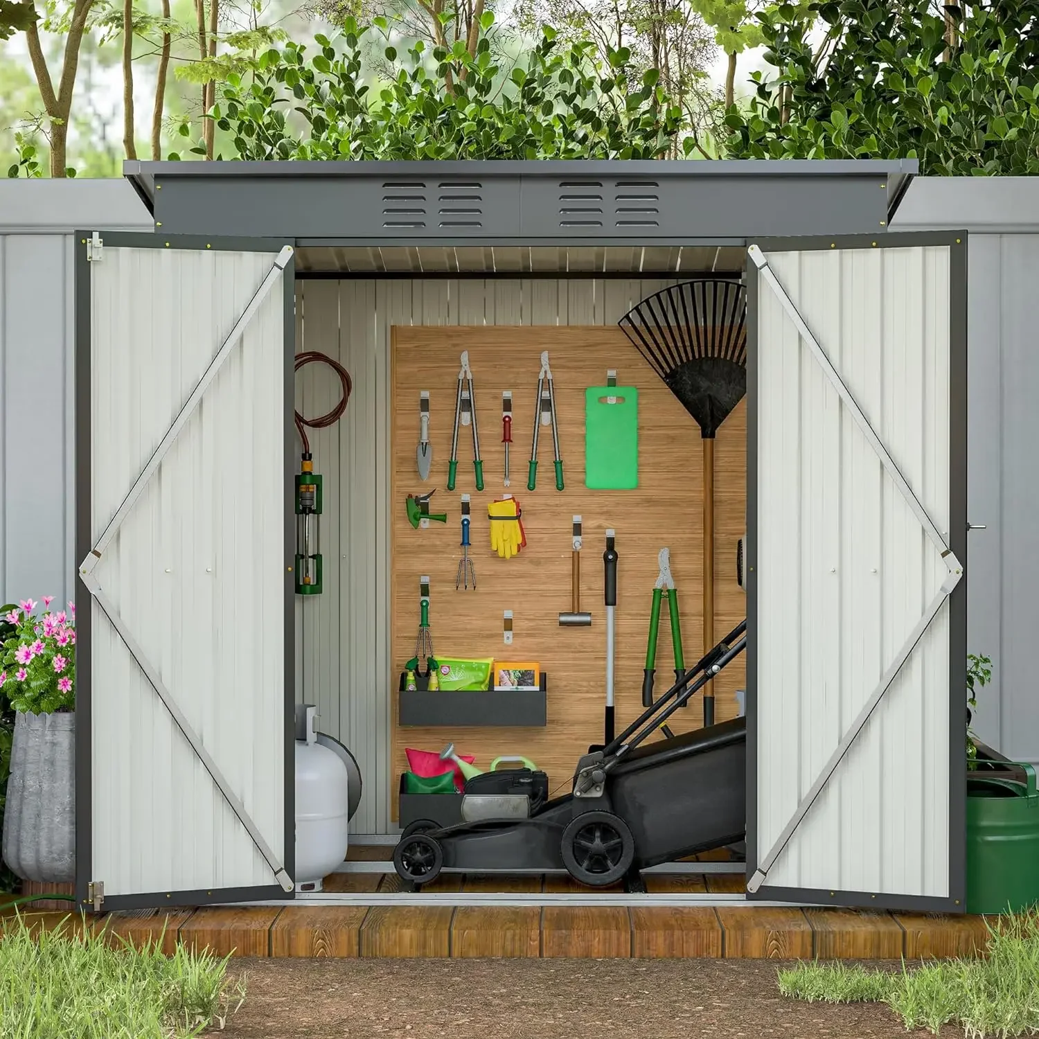 

6X4FT Storage Sheds Outdoor with Floor&Sloped Roof, Metal Garden Sheds with Lockable Doors&Key, Waterproof Steel Tool House Shed