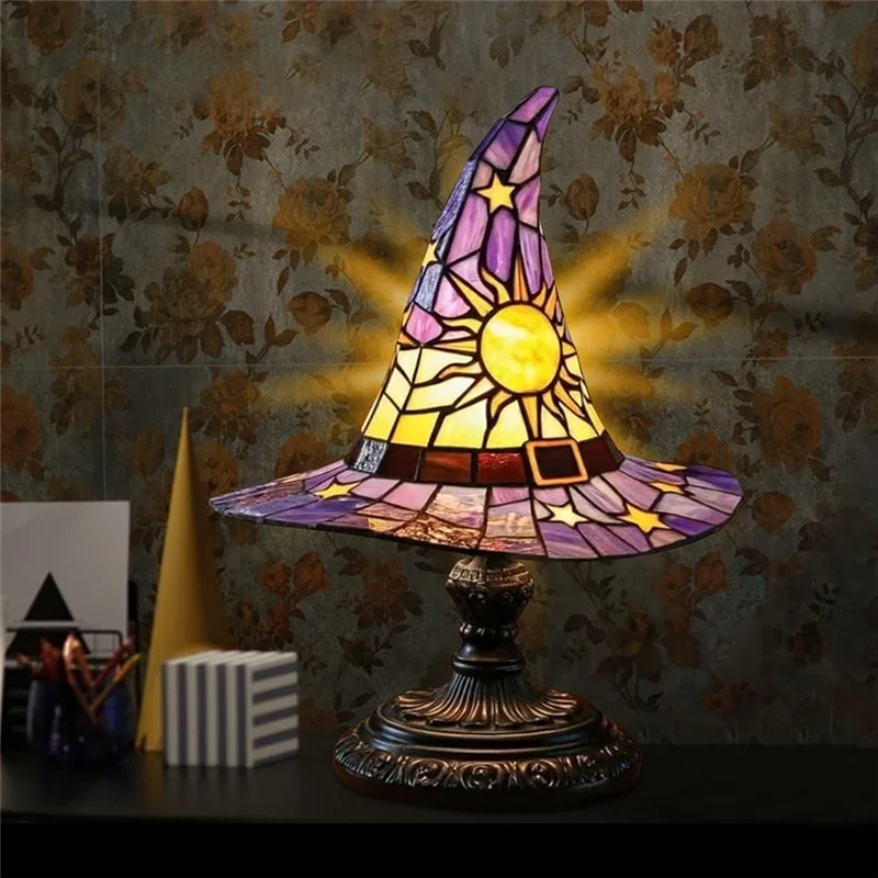 Witch Hat Resin Lamp USB Powered Gothic Wizard Shape Light Ornament For Living Room Bedroom Decor Dark-Purple