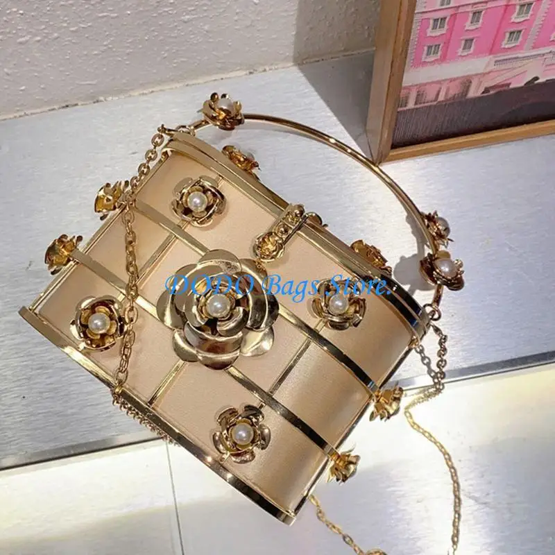 

E8FB Elegant Evening Bucket Bag with Beads Flower Decors and Detachable Chain Strap Shoulder Bag for Weddings and Parties