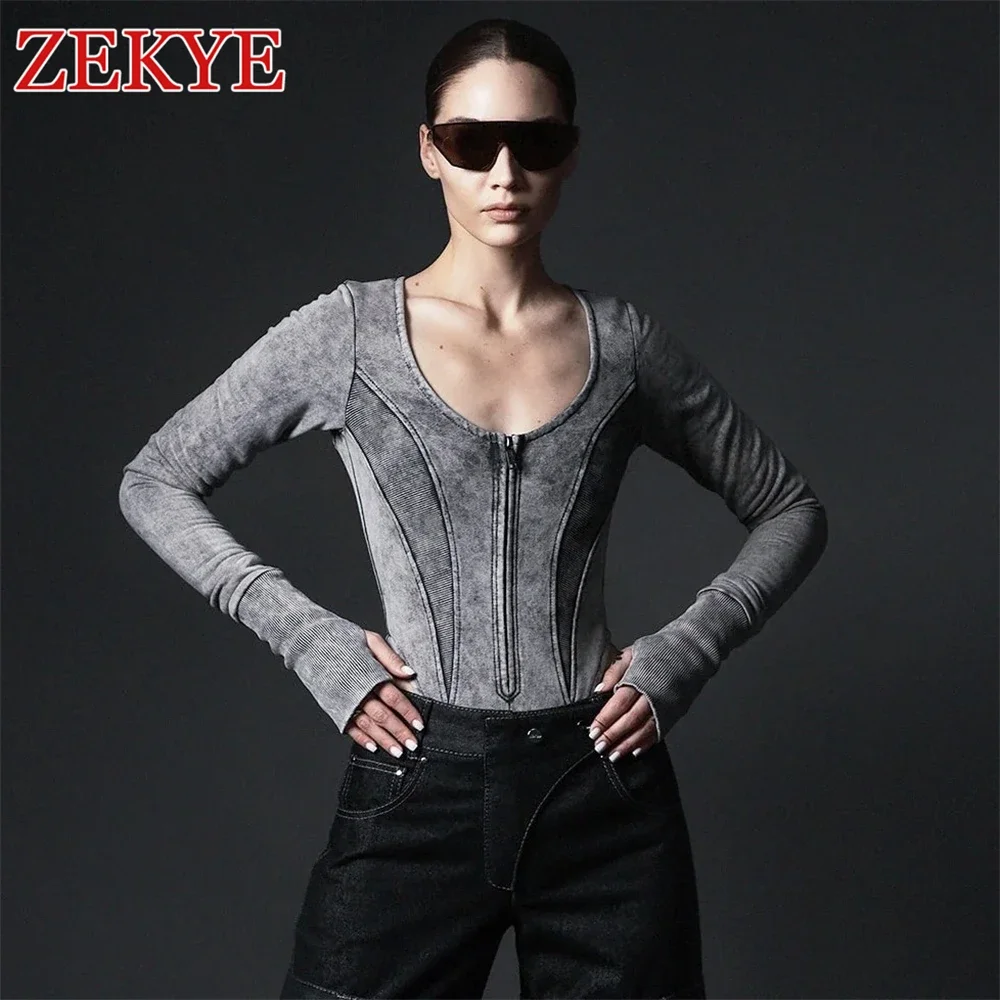 Zekye Distressed Retro Grey Patchwork Zipper Bodysuit Women Outfit High Waist Qulited Streetwear Y2K Grung Cloth Long Sleeve