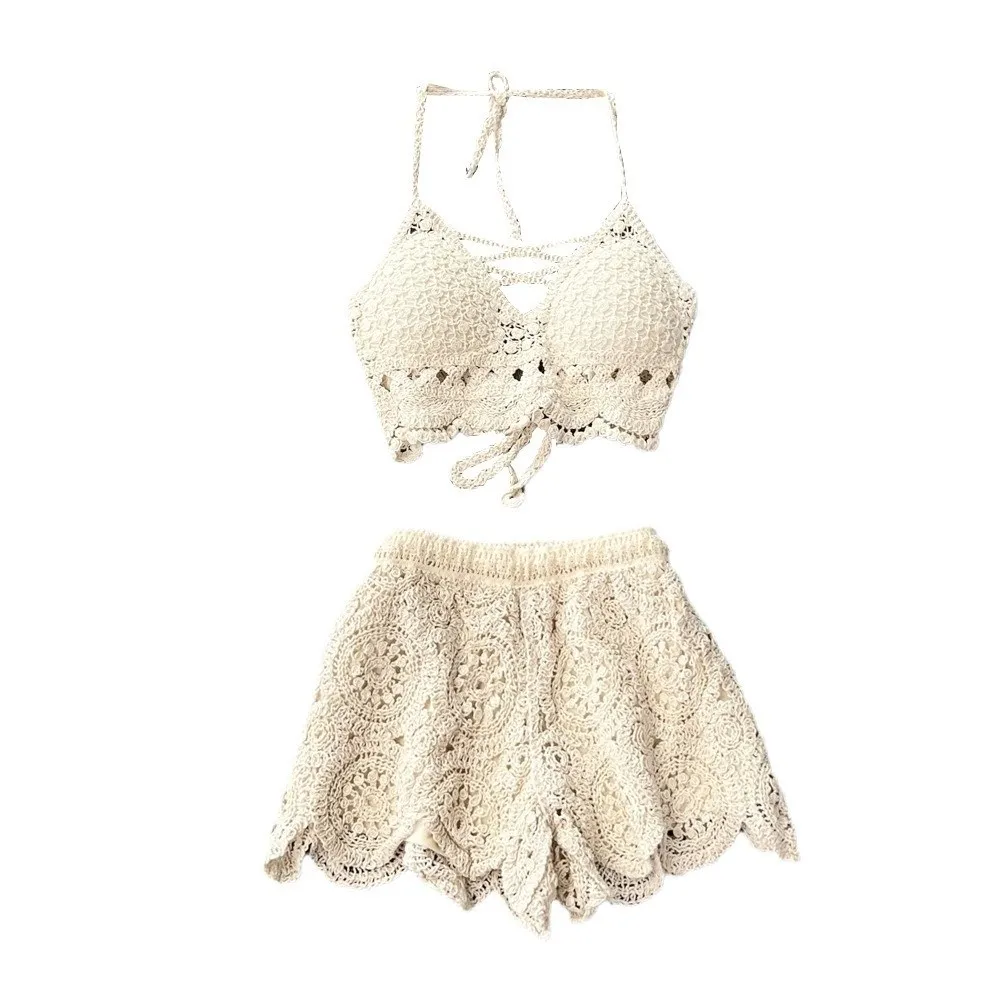 Polyester Beach Vacation Outfit Hollow Knit High Waist Halter Tank Garment Wide Leg Wide Short Pant Wear Summer Outdoor Gather