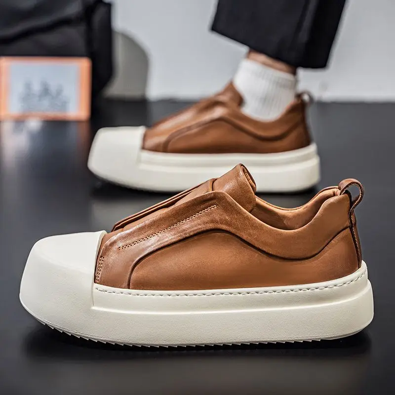 

Retro Brown PU Leather Men's Shoes Trend Slip-on Platform Casual Sneakers Design High Street Walking Shoes Loafers High Quality