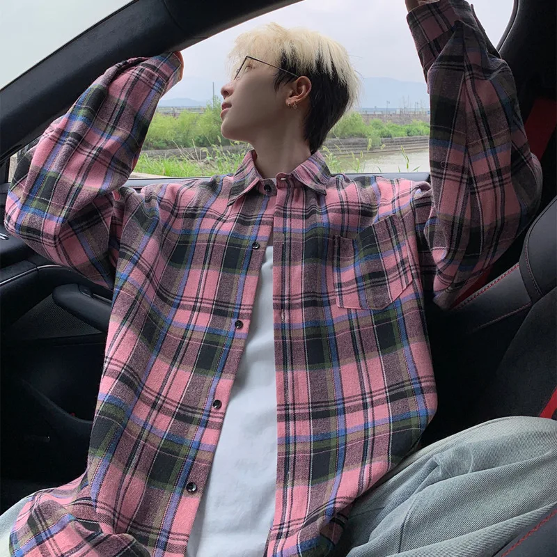 Autumn Long Sleeved Shirt Men Fashion Retro Plaid Shirt Men Japanese Streetwear Hip-hop Loose Casual Shirts For Men Large Sizes