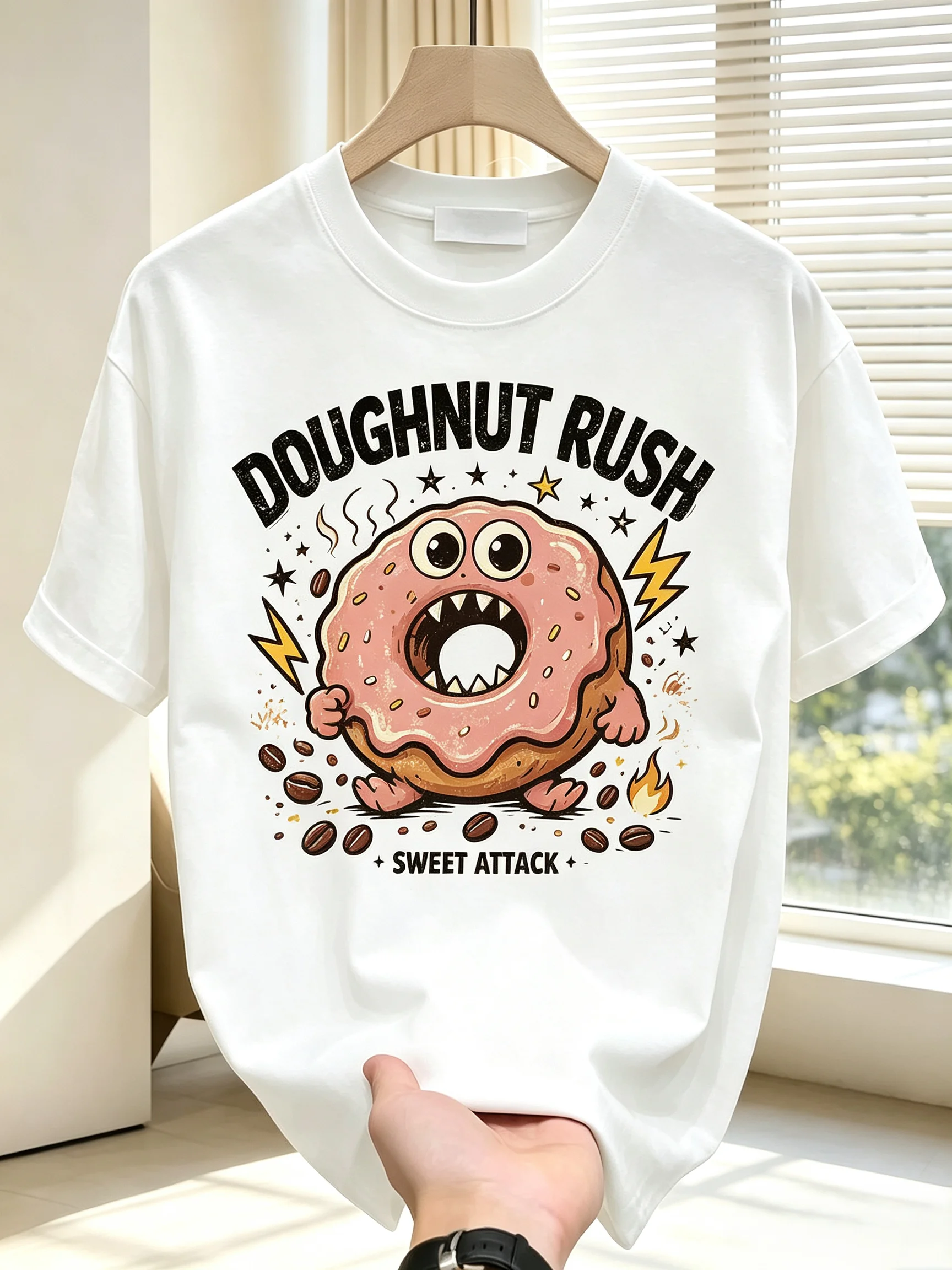 Unisex DOUGHNUT RUSH Cartoon Monster Doughnut Coffee Beans Graphic T Shirt Men Women Sweet Attack Cute Vintage Streetwear Short Sleeve White Casual Tee