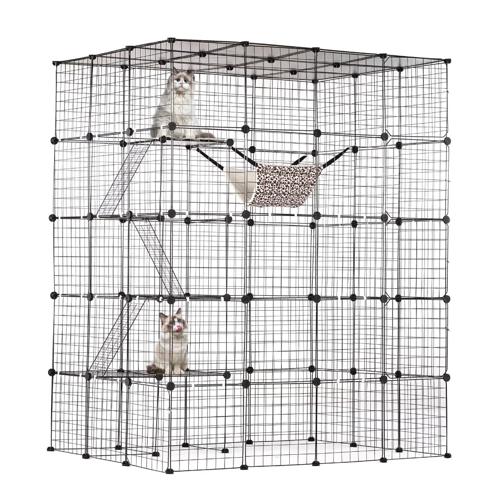 Large 4-Tier Cat Cage, 54 x 41 x 69, Detachable Metal Wire Cat Enclosure, with 5 Front Doors Hammock Ramp ladders