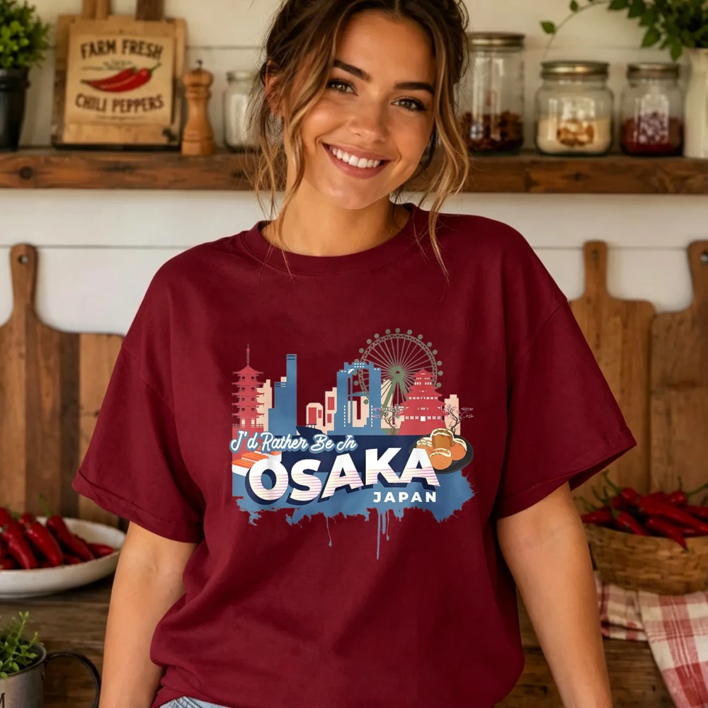 OSAKA Japan City Skyline Pagoda Ferris Wheel Watercolor Print Women Cotton T Shirt Japanese Travel Vacation Souvenir Casual Tops - view 3