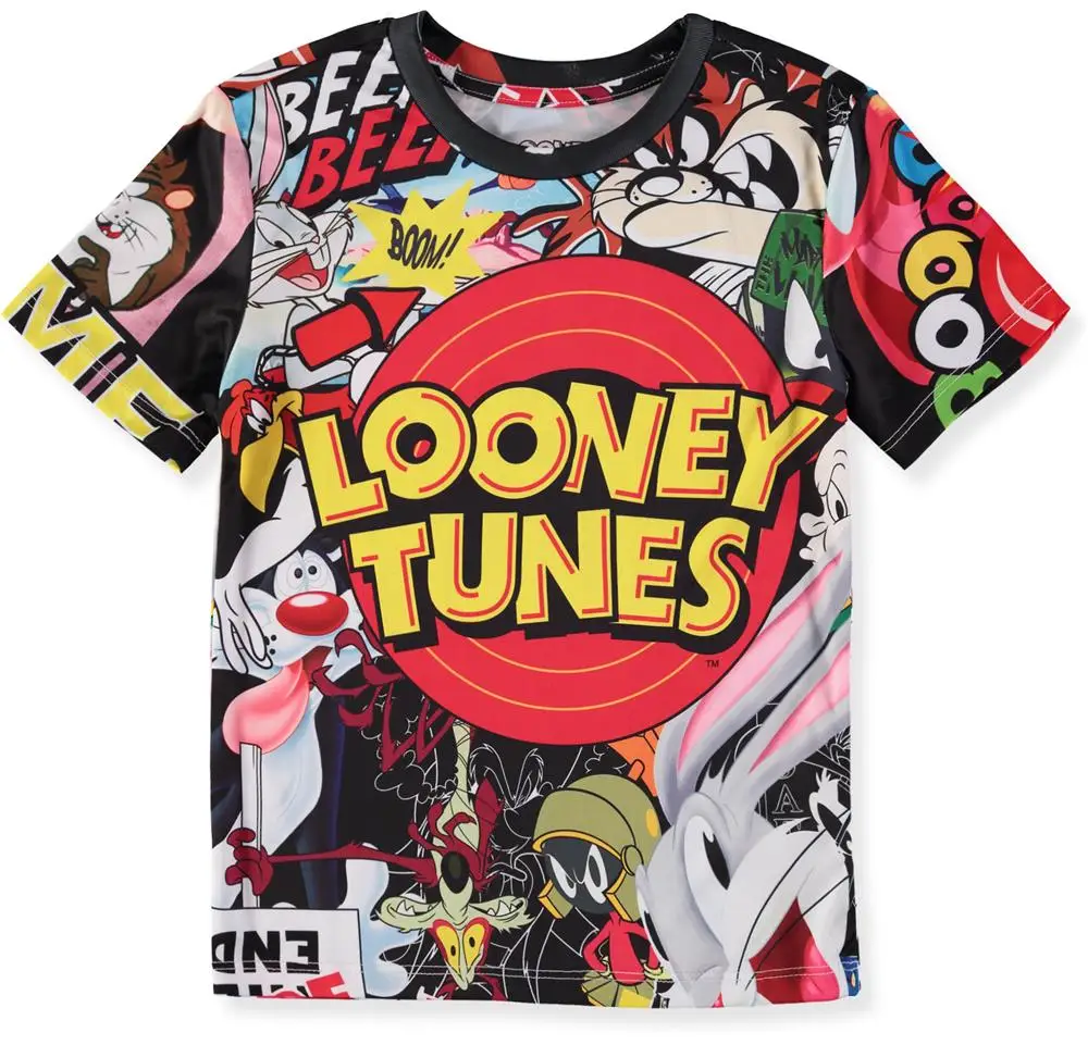 Looney Tunes Full Characters All Over Print Kids T Shirt Bugs Bunny Tasmanian Devil Comic Slogan Cartoon Short Sleeve Tee