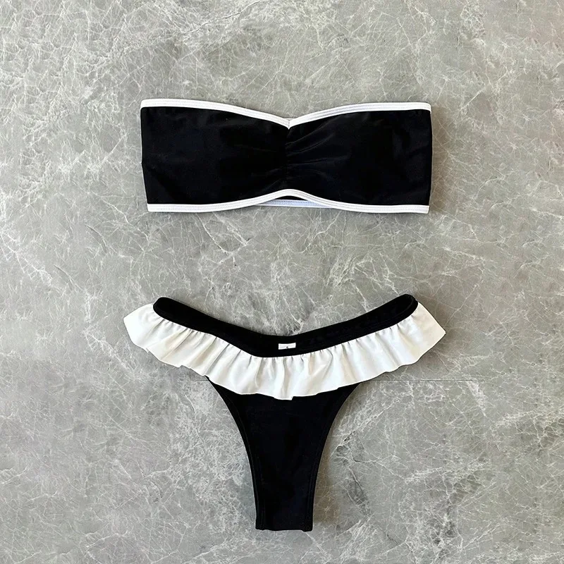 Traje de baño sin tirantes para mujer, traje de baño de 2 piezas, traje de baño elegante de parches lisos con volantes, microbikini para playa, conjunto de Bikini 2025, nuevo traje de baño