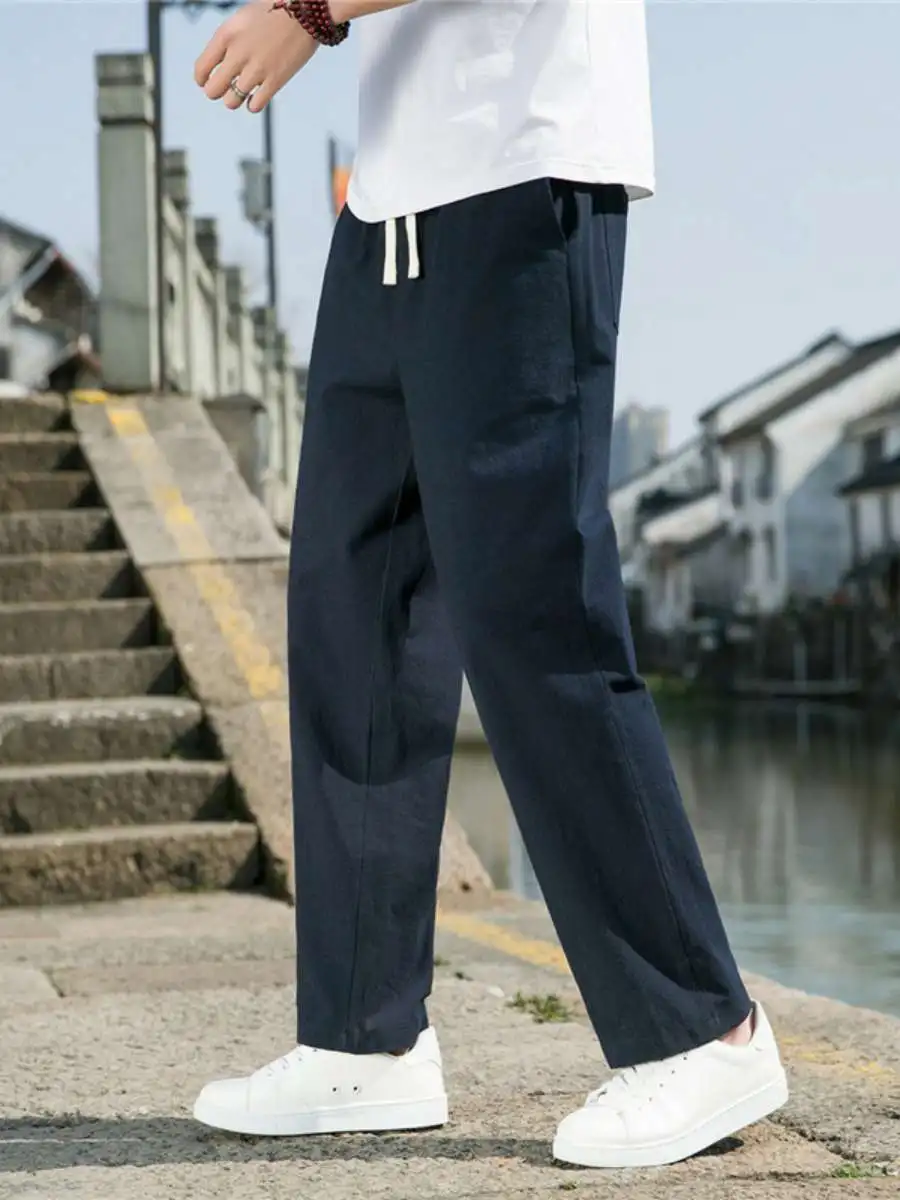 

Men's Linen Wide Leg Casual Pants Loose Fit Sports Large Size Lightweight Maturi Straight Tube Long Trousers