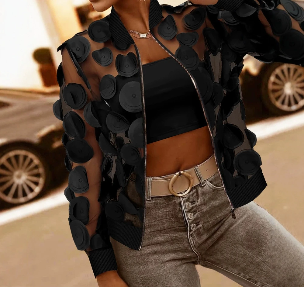 

Cardigan Jacket Women New Autumn Latest 2025 Floral Pattern Sheer Mesh Baseball Collar Zip Up See Through Jacket Open Front Coat