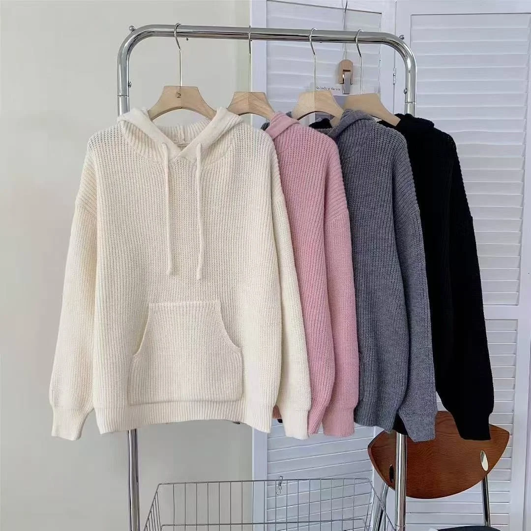 

Lazy Style Knitted Hooded Pullover Sweater New Casual Fashion Solid Long Sleeved Top Spring Autumn Loose Versatile Warm Jacket