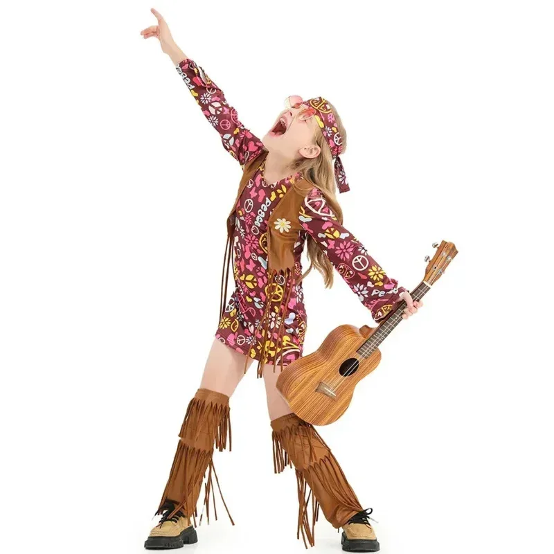 

Hippy Costume Set for Girls Rocker Stage Performance Dress Children Kids Festival Party Cool Suit Summer Fancy Outfit72b