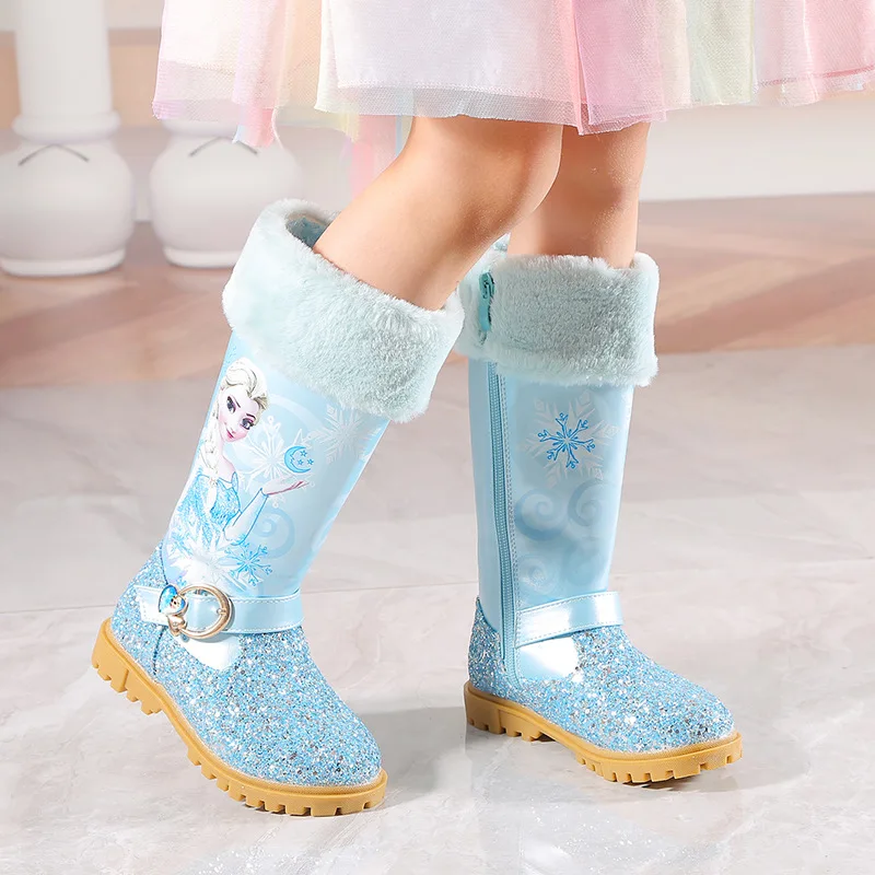 أحذية الشتاء للفتيات من إلسا، أحذية الثلوج القطيفة المجمدة للأطفال، أحذية الأميرة الدافئة
