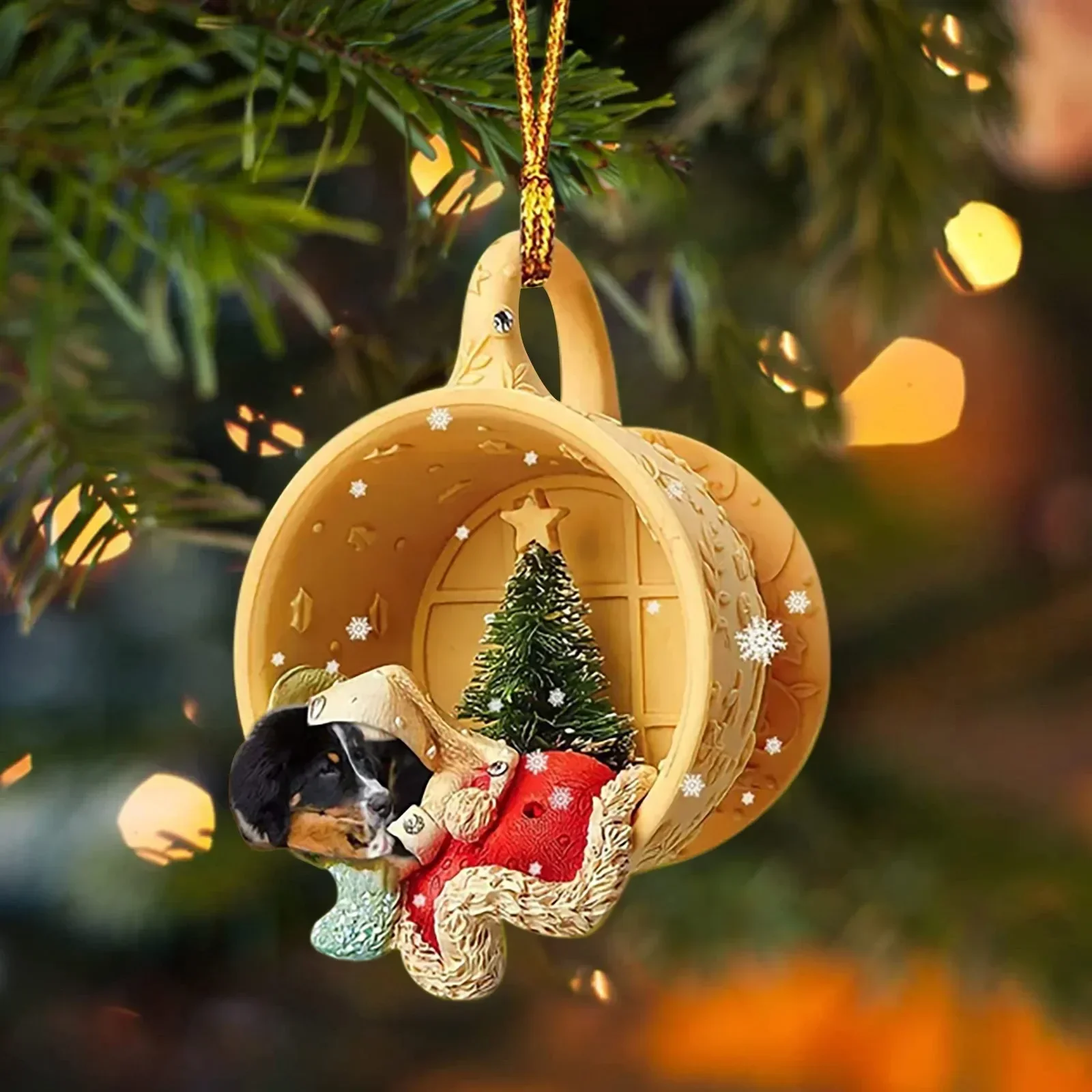 Creative Christmas Tree Pendants Decorations Cute Sleeping Dog in A  Scene-sleeping in Cup Hanging Pendants New Year Navidad 2D