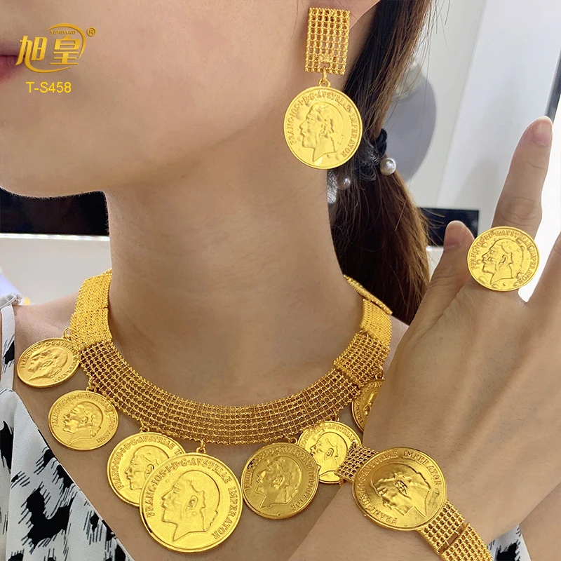 African 24K Gold Color Coins Necklace Bracelet Sets For Women Dubai Luxury Choker Designed For Women Wedding Party Jewelry Gift