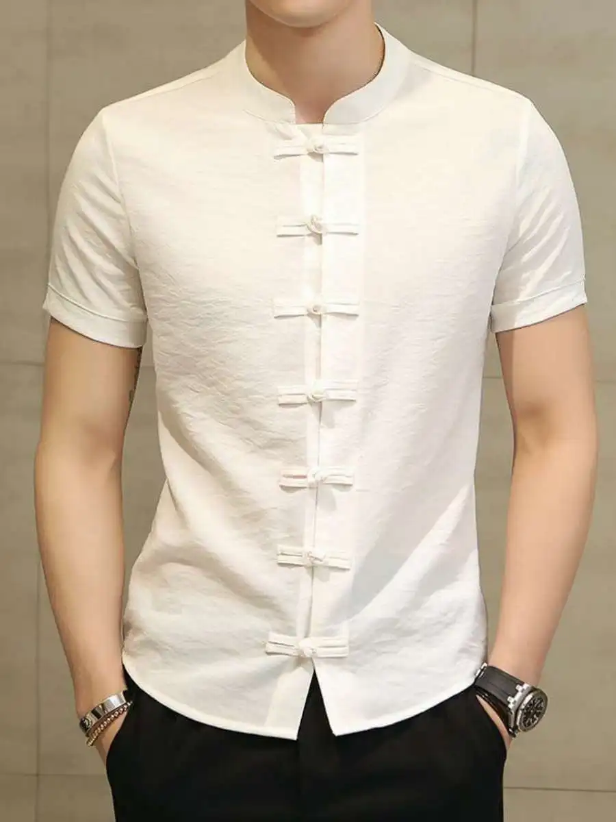 

Summer New Sle Men's Slim Fit ort Sve irt Pure Color Stand Collar Thin Fabric Button up Casual Travel Top
