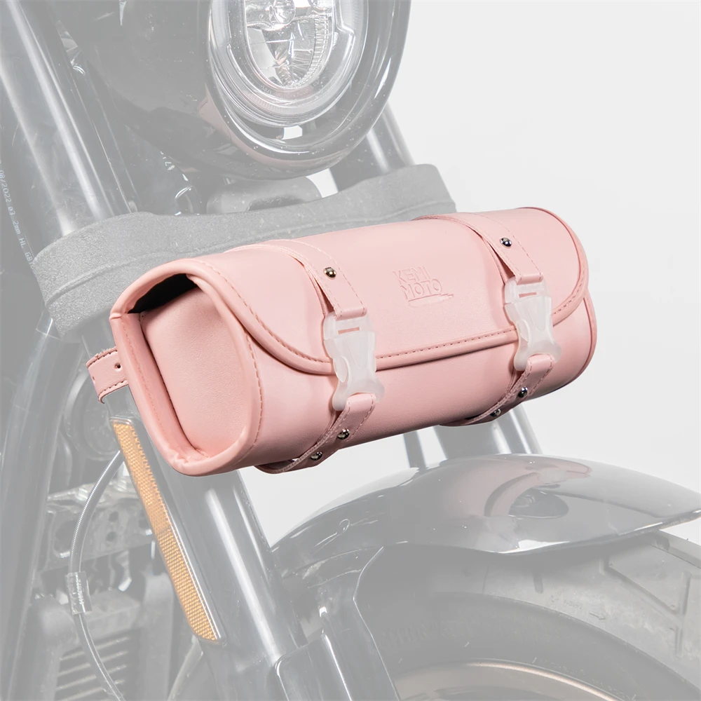 KEMIMOTO Motorcycle Fork Bag Universal PU Waterproof Motorcycle Roll Barrel Bag Front Fork Handlebar Sissybar Storage Pouch Pink