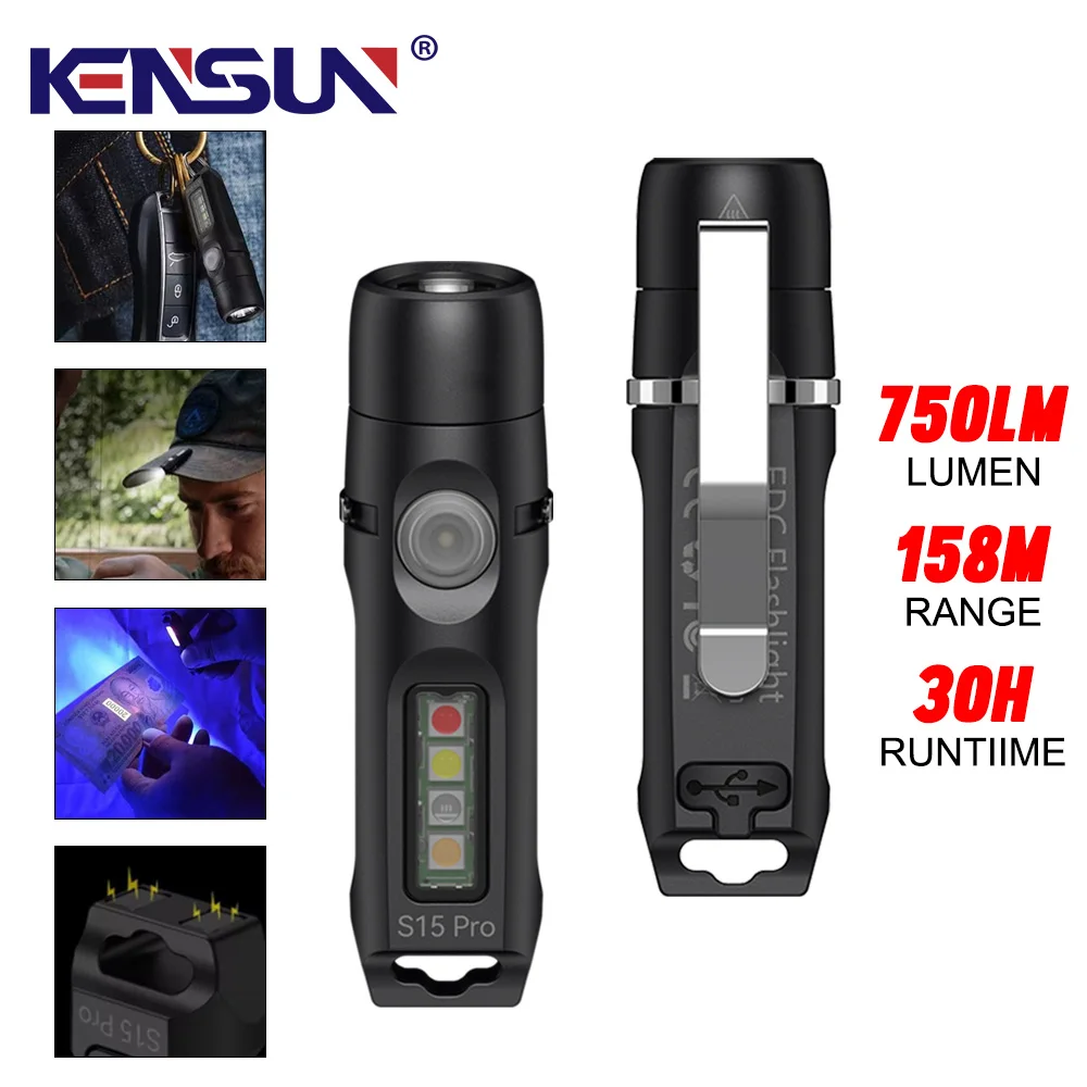 KENSUN S15Pro Keychain Flashlight,750 High Lumen EDC Pocket Flashlight with Clip,USB C Rechargeable Mini Flashlight with Magnet