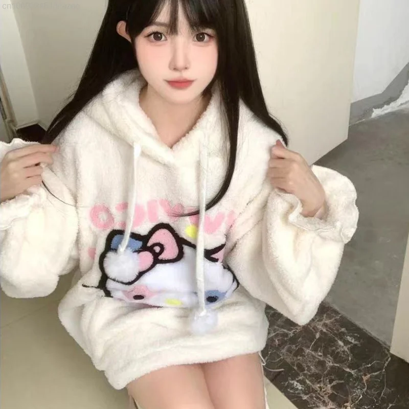 Sanrio Hello Kitty New Plush Hoodie Autumn Winter Soft Pullovers Y2k Kawaii Tops Women Japanese Style Cartoon Sweet Sweatshirts