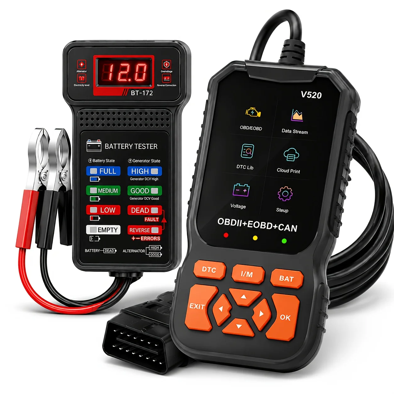 2026 New Version V5200Bd2 Scanner with Bt-172 Car Battery Tester, 2-in-1 Car Diagnostic Kit, Obdii Code Reader for Clearing Dtcs, Real-Time Data Stream Function, 12V Car Battery Load Tester/Alternator Analyzer, Suitable for Vehicle Fault Scanning in Cars, Suvs, Pickups, and Automotive Repair